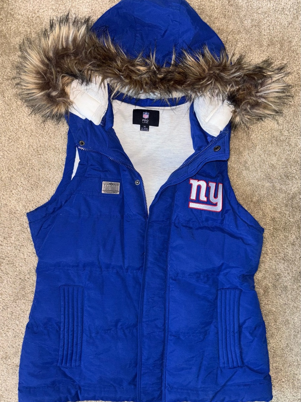 Vintage Women’s NY Giants Blue Sleeveless Puffer Vest with Faux Fur Hood
